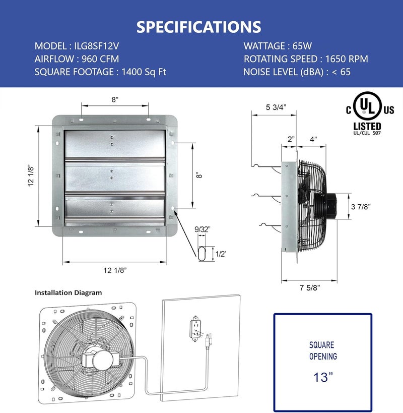 Iliving 12-Inch Wall Mounted Exhaust Fan with Variable Speed, 960 CFM, 1400 SQF Coverage Area, Silver - Image 2